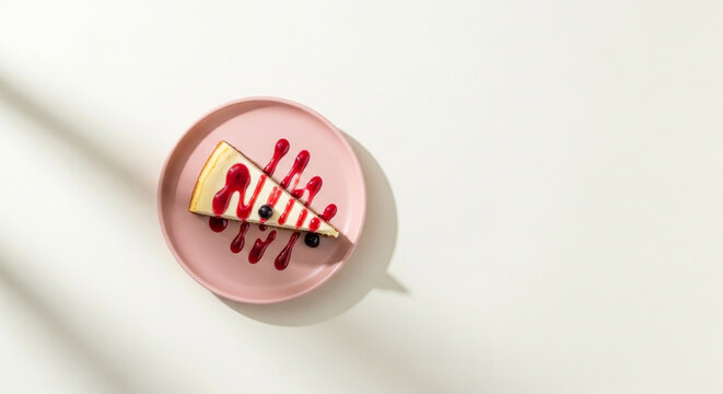 Indulge in a slice of cheesecake heaven with vibrant berry sauce and fresh fruit on a stylish pink plate, perfect for desserts and sweet treat cravings