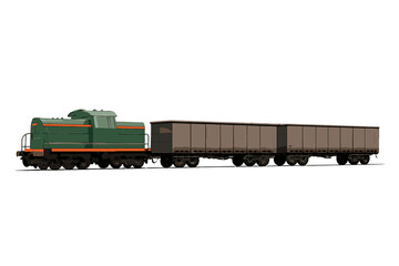 Obraz premium Vintage green diesel train engine pulling two long brown cargo wagons