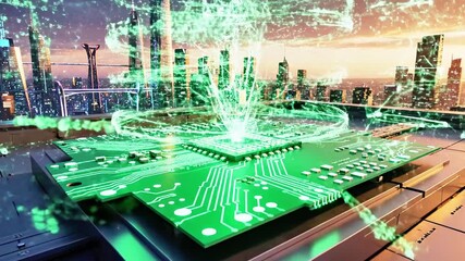 Circuit board in futuristic city with data streams and neon lights - Powered by Adobe