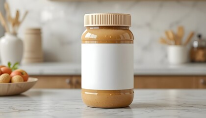 Creamy peanut butter jar with blank label ready for your brand, perfect for a healthy breakfast or snack, ideal for commercial product mockups