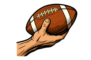 Hand gripping a textured brown leather American football ready for a game or throw