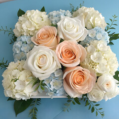 Obraz premium This delicate floral arrangement embodies romance, elegance flower, Elegant Floral Arrangement of Roses and in Classic Shades of White and Peach, bouquet filled with pastel-colored roses, lilies. 