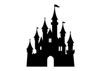 Obraz premium Majestic fairytale castle silhouette featuring multiple towers and flags on spires