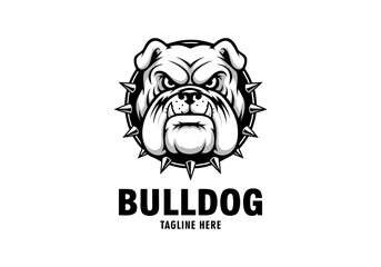 Monochromatic bulldog head logo, a powerful and fierce canine mascot design perfect for sports teams and competitive branding projects, vector illustration