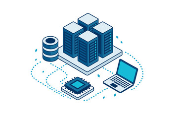 Isometric cloud computing infrastructure showing server racks, data storage, microchip, and connected laptop