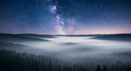 Milky Way Galaxy Above Foggy Mountain Forest at Night - Epic Starry Sky Landscape
