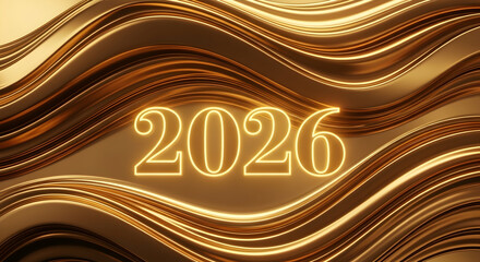 Golden "2026" with a glowing outline, set against an abstract backdrop of rich, undulating wavy lines.