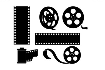 Fototapeta premium Classic movie and photography elements set with film strips, reels, and canister shapes in black silhouette