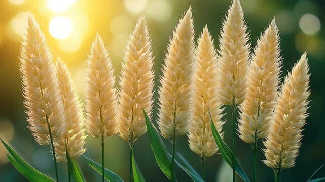 Video A close-up shot of a bunch of grass with the warm sunlight in the background, suitable for nature or outdoor-themed