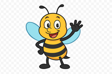 Cheerful cartoon bee mascot character standing and waving with a friendly smile