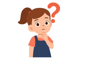 Cute cartoon girl thinking deeply with a big question mark floating next to her head