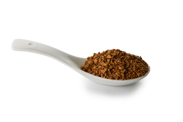 Instant Coffee in Ceramic Spoon on White Background