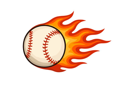 Classic white baseball with red stitching flying fast engulfed in fiery orange flames