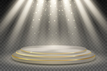 Luxury round podium with golden edges and glowing spotlight beams