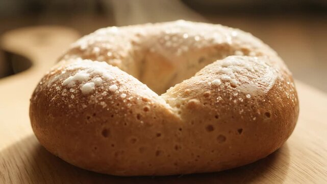 Fresh Bagel with Icing Sugar on Wooden Board - Close-up of a freshly baked bagel generously dusted with icing sugar. The bagel sits on a wooden cutting board, with the soft dough beautifully textured.