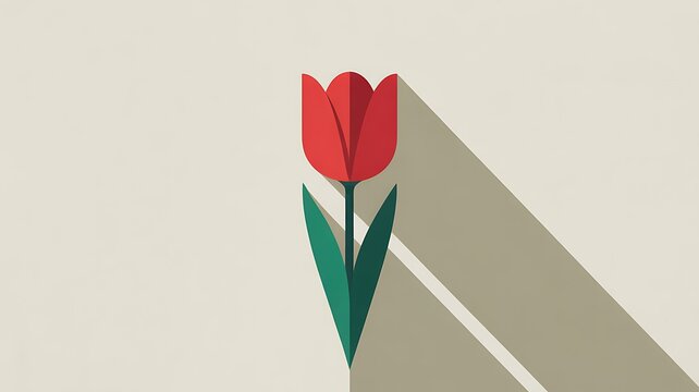 Red tulip flower with long shadow on light textured background, minimalist flat design style. Turkey Victory Day