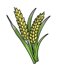 Wheat Spikelets with Leaves Isolated Illustration