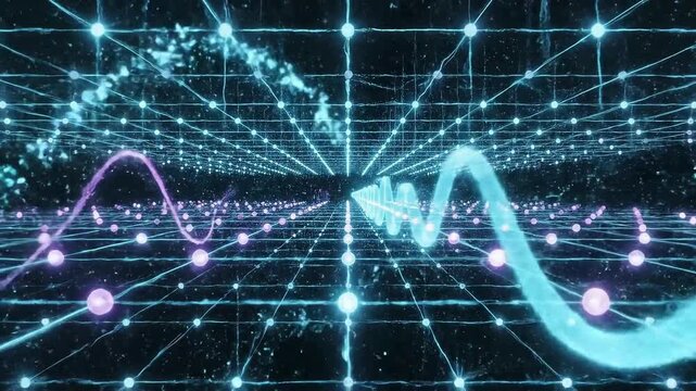 Quantum computing pulse grid background, entangled light particles, futuristic tech loop 4K