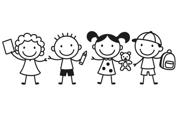 Fototapeta premium Four happy diverse children stick figures holding school supplies and toys ready for learning
