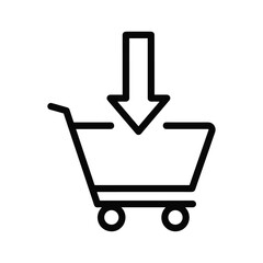 Shopping cart icon with a downward arrow indicating adding items, isolated on