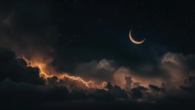 Video A bright crescent moon shines through the clouds on a dark and peaceful night