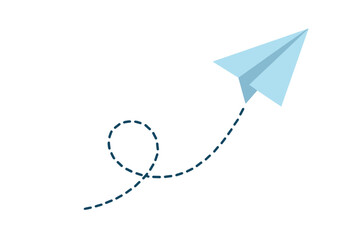 Light blue paper airplane flying along a dotted dashed line path symbolizing travel and communication