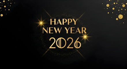 Sophisticated "Happy New Year 2026" in golden text, framed by abstract light rays and glittering confetti on a sleek black background.