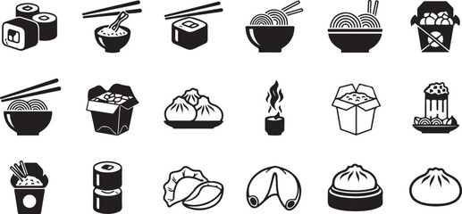 Collection of Asian Food Icons: Sushi, Noodles, Dumplings, and More