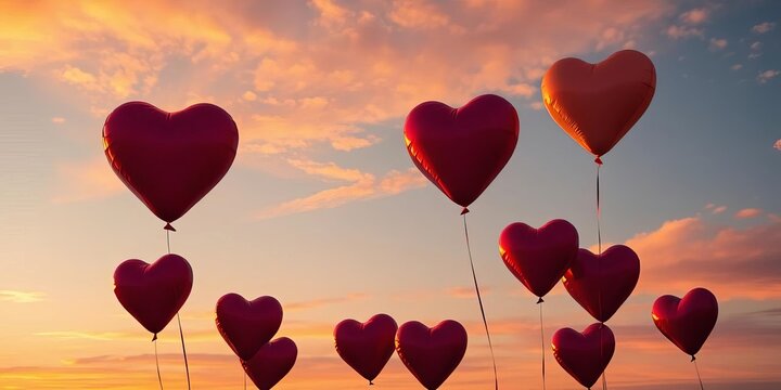 Heart-shaped balloons floating against a sunset sky,  couple,  engagement
