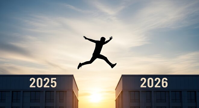 Welcome merry Christmas and happy new year in 2026,Silhouette Man jumping from 2025 building to 2026 building with cloud sky and morning.
