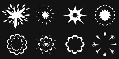 Collection of white starburst and explosion shapes on black background