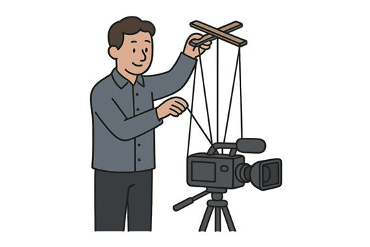 Person operating a video camera on a tripod using puppet strings for control