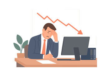 Stressed businessman reacting to a sharp financial loss indicated by a declining graph on his monitor