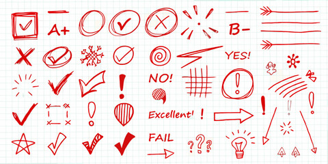 Collection of red hand drawn marks and symbols on grid paper