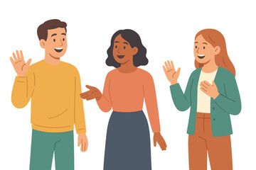 Fototapeta premium Diverse group of three young people standing together smiling and waving hands in greeting