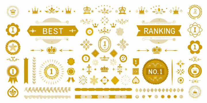 Collection of golden award ribbons crowns and ranking badges