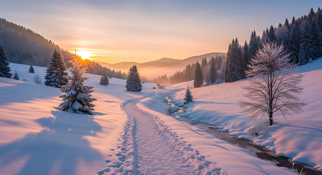 winter sunrise in the mountains - Powered by Adobe