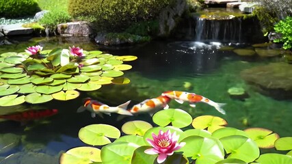 Colorful koi pond with blooming pink water lilies and lush green lily pads in a serene garden setting - Powered by Adobe