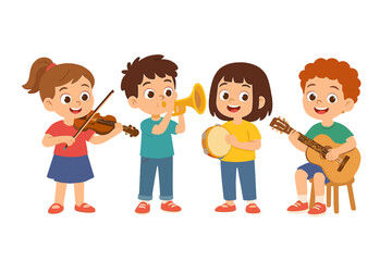 Happy diverse children playing musical instruments together in a small band performance