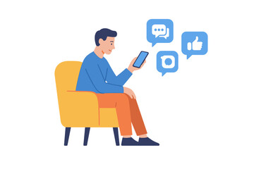 Obraz premium Young man sitting comfortably in an armchair checking social media notifications on his mobile phone