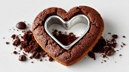 Heart-shaped chocolate cookie with a metal cutter placed in the center, surrounded by coffee beans and crumbs, creating a delightful baking scene for romantic occasions and celebrations