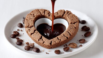 Heart-shaped chocolate dessert with rich molten filling, surrounded by coffee beans on a white plate, creating a delightful and indulgent culinary experience for sweet lovers