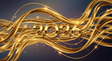 Abstract Golden Wavy Lines Textured Background with Sparkling Year 2026 for New Year Celebration
