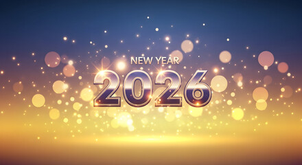 Happy New Year 2026 with Shiny Metallic Text and Golden Bokeh Lights Background