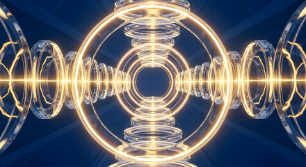 Abstract Futuristic Tunnel of Glowing Golden Rings on a Dark Blue Background