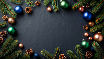 Christmas Flat Lay with Pine Branches and Colorful Ornaments on Dark Background