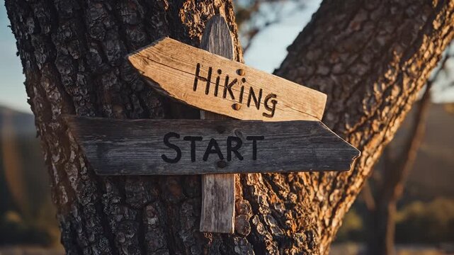 A rustic wooden signpost on a tree marks the starting point for a hiking adventure in the forest