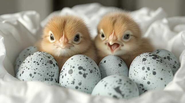 Two fluffy chicks nestling amidst speckled eggs in soft, white fabric