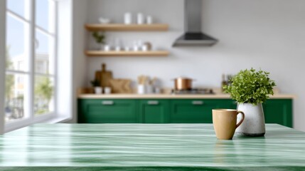 Modern kitchen interior featuring green cabinetry, a wooden countertop, and a cozy coffee mug on the table, creating a warm and inviting atmosphere for culinary activities