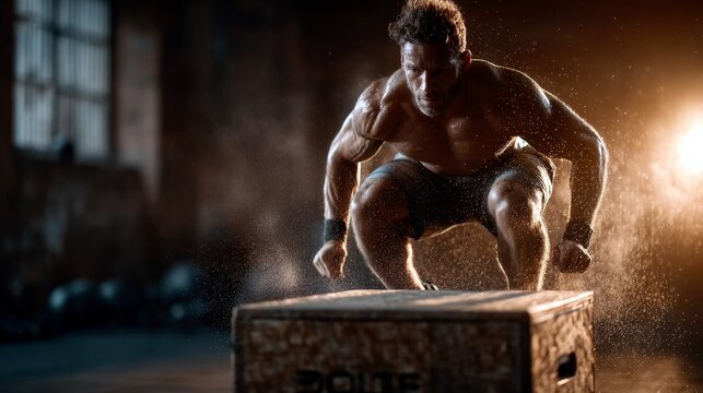 A shirtless, muscular man is captured mid-air during a box jump exercise in a gritty, dark gym setting, with chalk dust swirling around him.